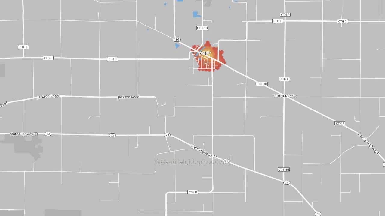Walk Grade map of Vesper, WI, walkable areas in green and car-dependent areas in red