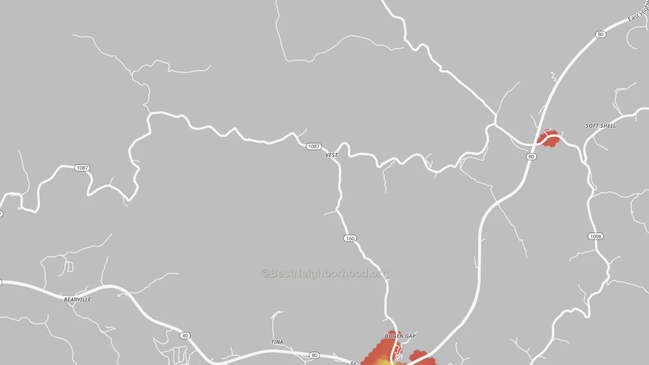 Walk Grade map of Vest, KY, walkable areas in green and car-dependent areas in red