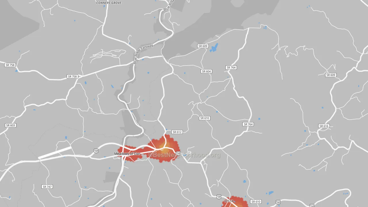 Walk Grade map of Vesta, VA, walkable areas in green and car-dependent areas in red