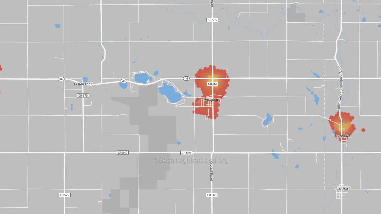 Walk Grade map of Vestaburg, MI, walkable areas in green and car-dependent areas in red