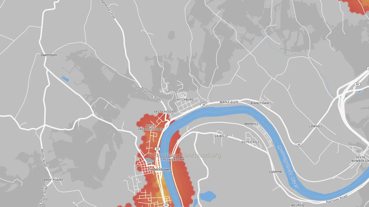 Walk Grade map of Vestaburg, PA, walkable areas in green and car-dependent areas in red