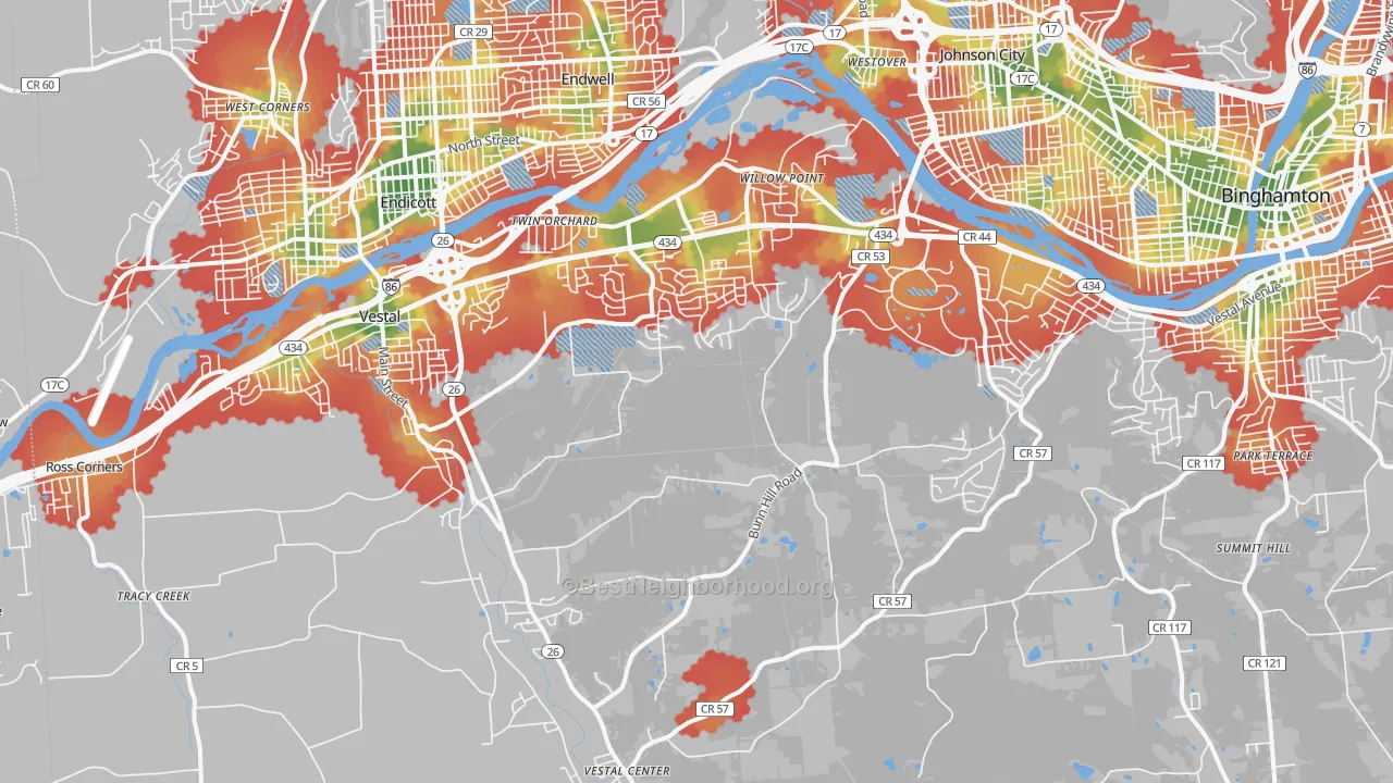Walk Grade map of Vestal, NY, walkable areas in green and car-dependent areas in red