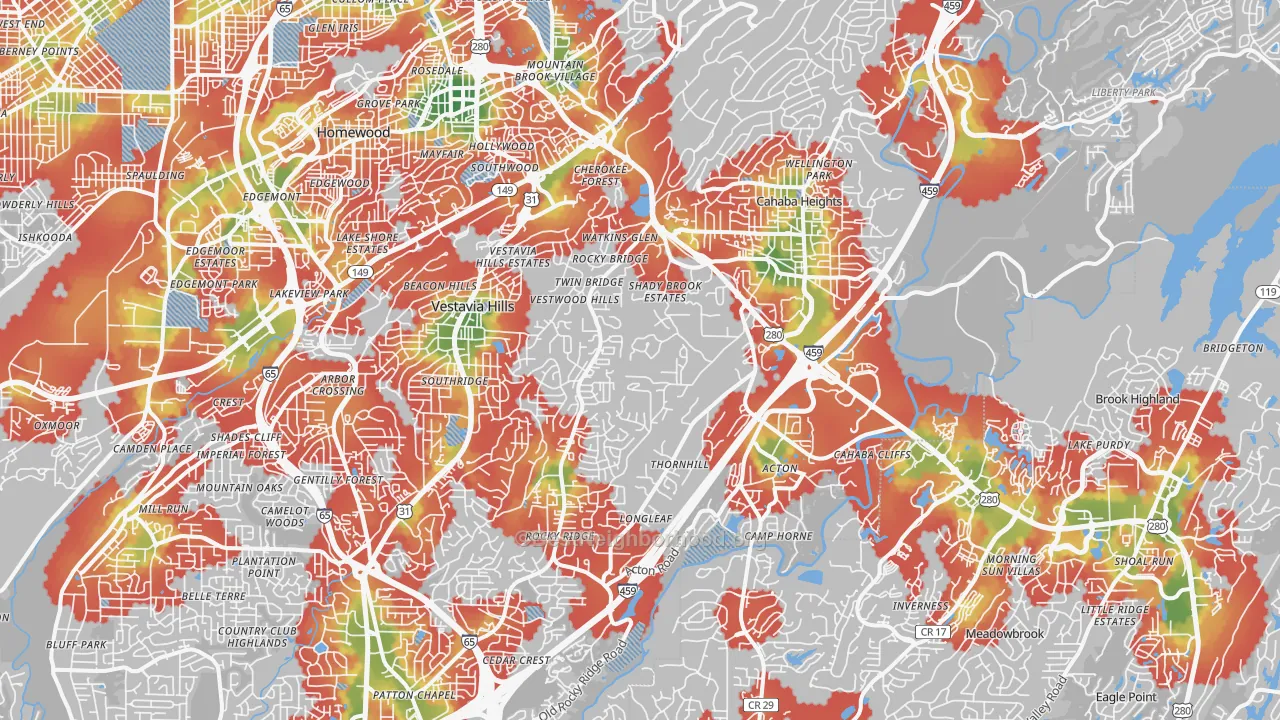Walk Grade map of Vestavia Hills, AL, walkable areas in green and car-dependent areas in red