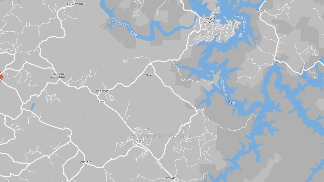 Walk Grade map of Vests, NC, walkable areas in green and car-dependent areas in red
