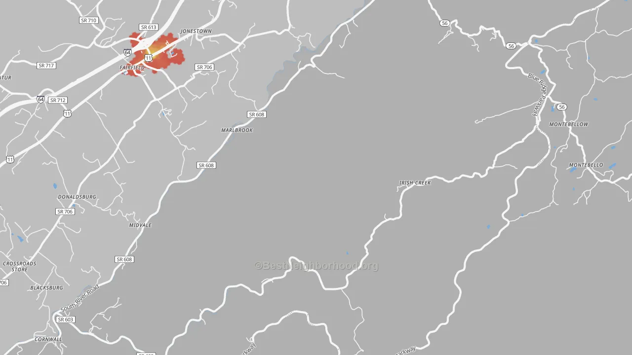 Walk Grade map of Vesuvius, VA, walkable areas in green and car-dependent areas in red