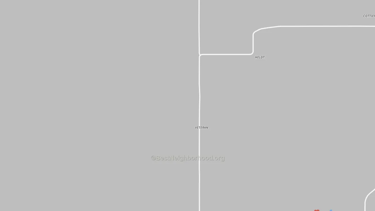 Walk Grade map of Veteran, WY, walkable areas in green and car-dependent areas in red