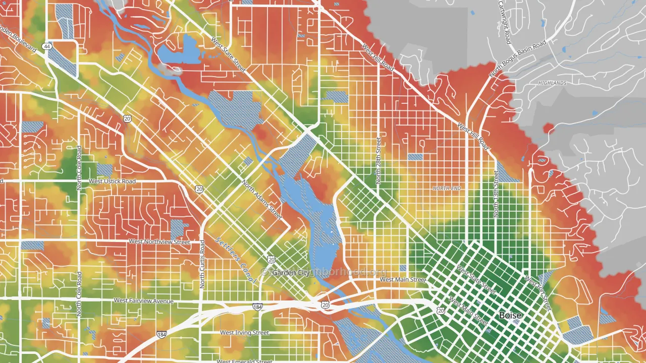 Walk Grade map of Veterans Park, Boise, ID, walkable areas in green and car-dependent areas in red