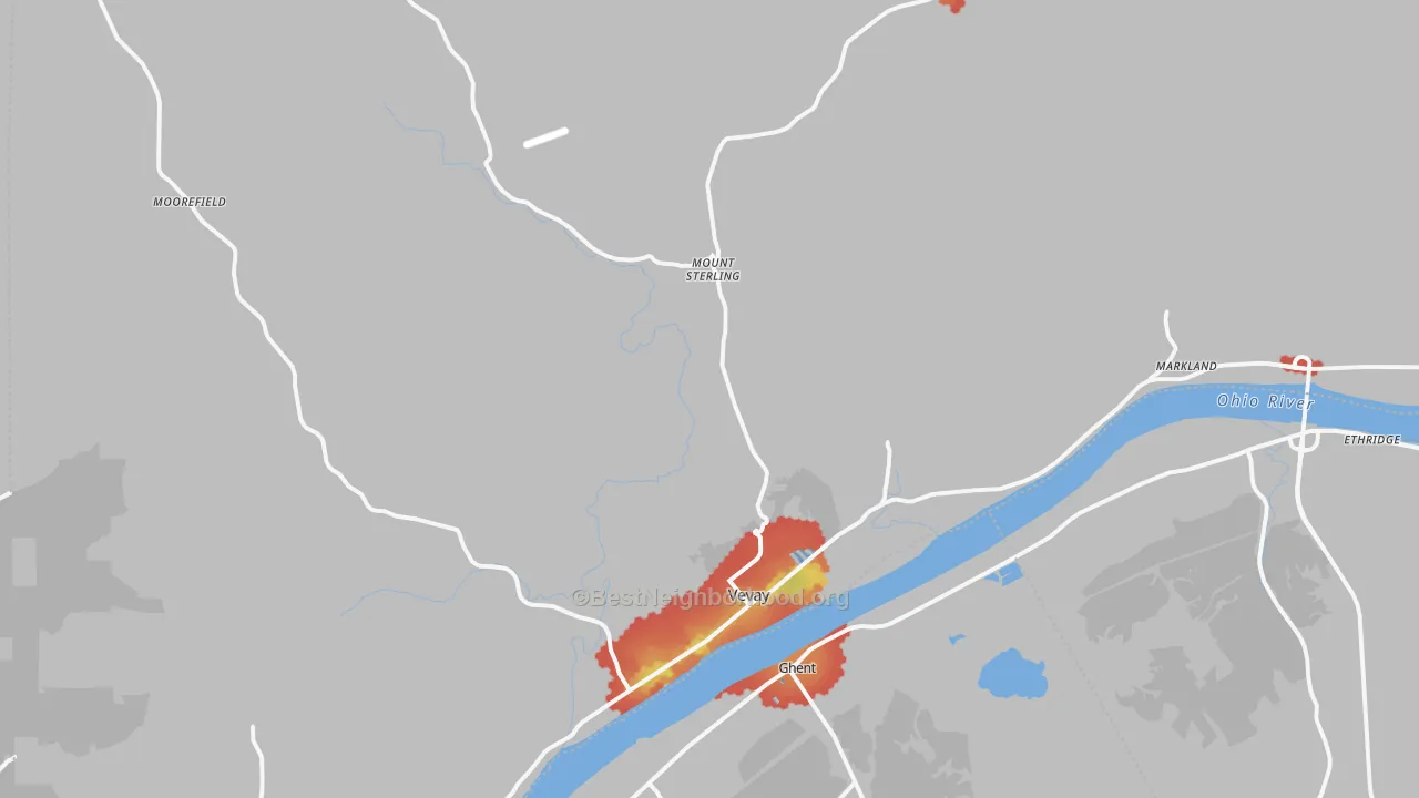 Walk Grade map of Vevay, IN, walkable areas in green and car-dependent areas in red