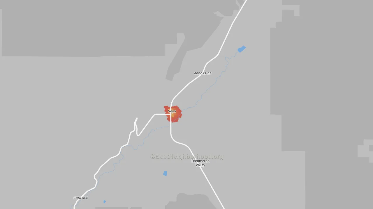 Walk Grade map of Veyo, UT, walkable areas in green and car-dependent areas in red
