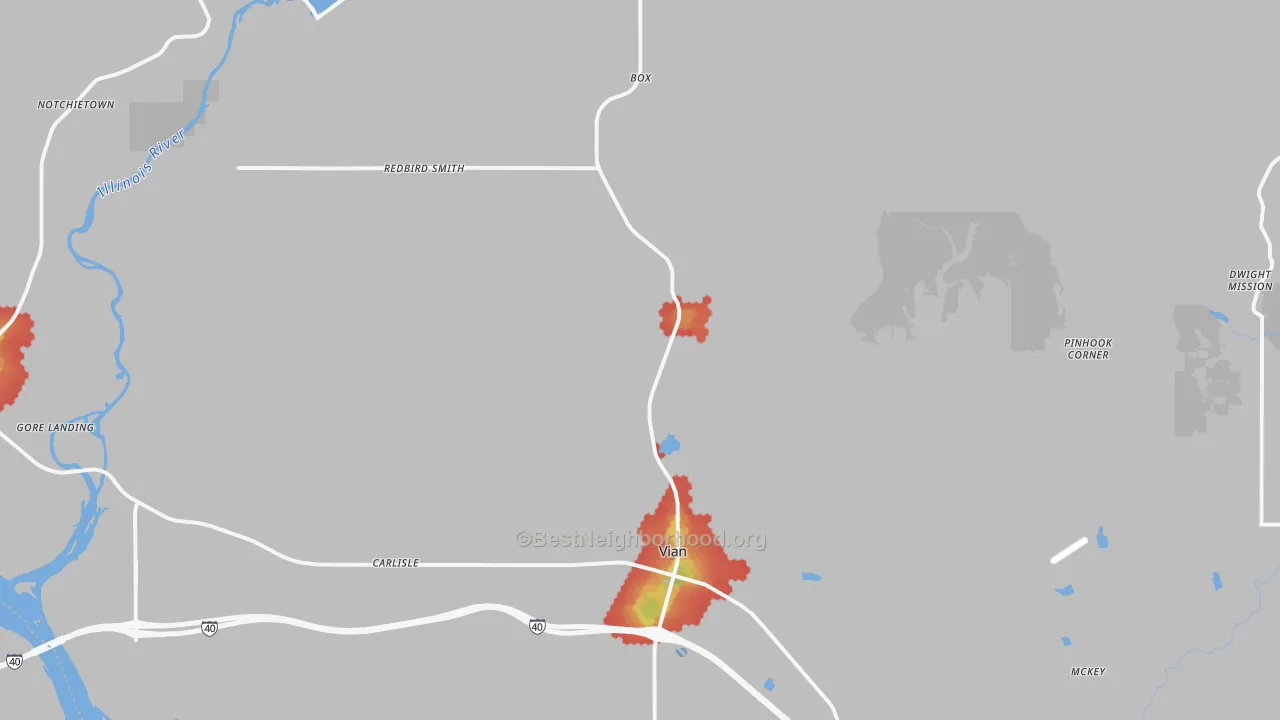 Walk Grade map of Vian, OK, walkable areas in green and car-dependent areas in red