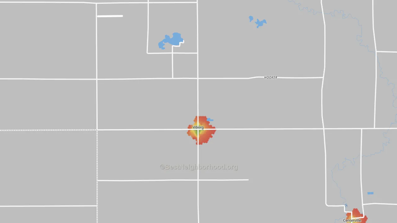 Walk Grade map of Viborg, SD, walkable areas in green and car-dependent areas in red