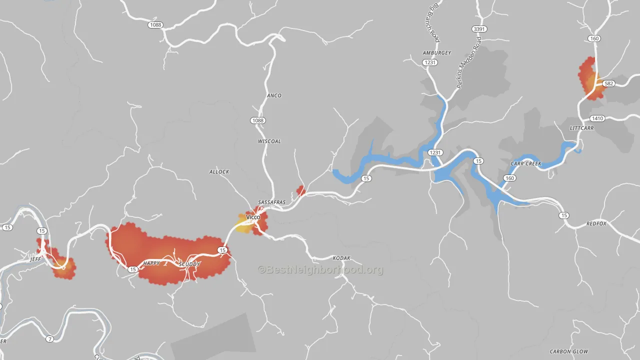 Walk Grade map of Vicco, KY, walkable areas in green and car-dependent areas in red