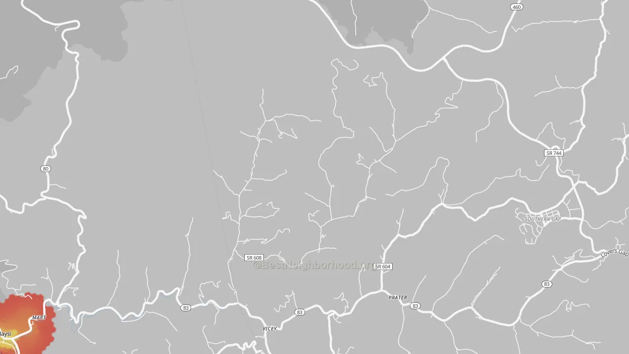 Walk Grade map of Vicey, VA, walkable areas in green and car-dependent areas in red