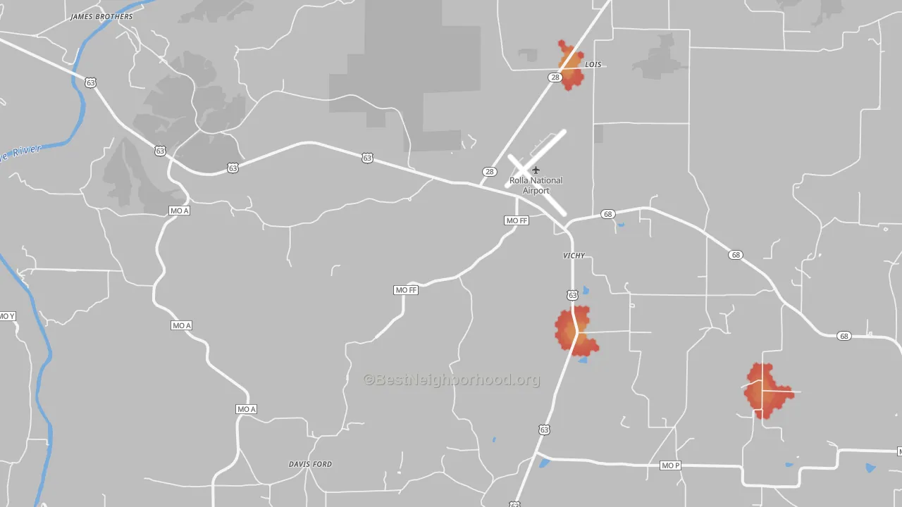 Walk Grade map of Vichy, MO, walkable areas in green and car-dependent areas in red