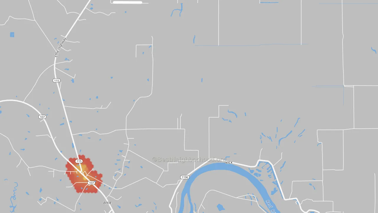 Walk Grade map of Vick, LA, walkable areas in green and car-dependent areas in red