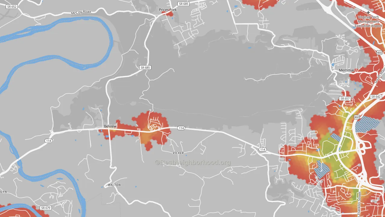 Walk Grade map of Vicker, VA, walkable areas in green and car-dependent areas in red