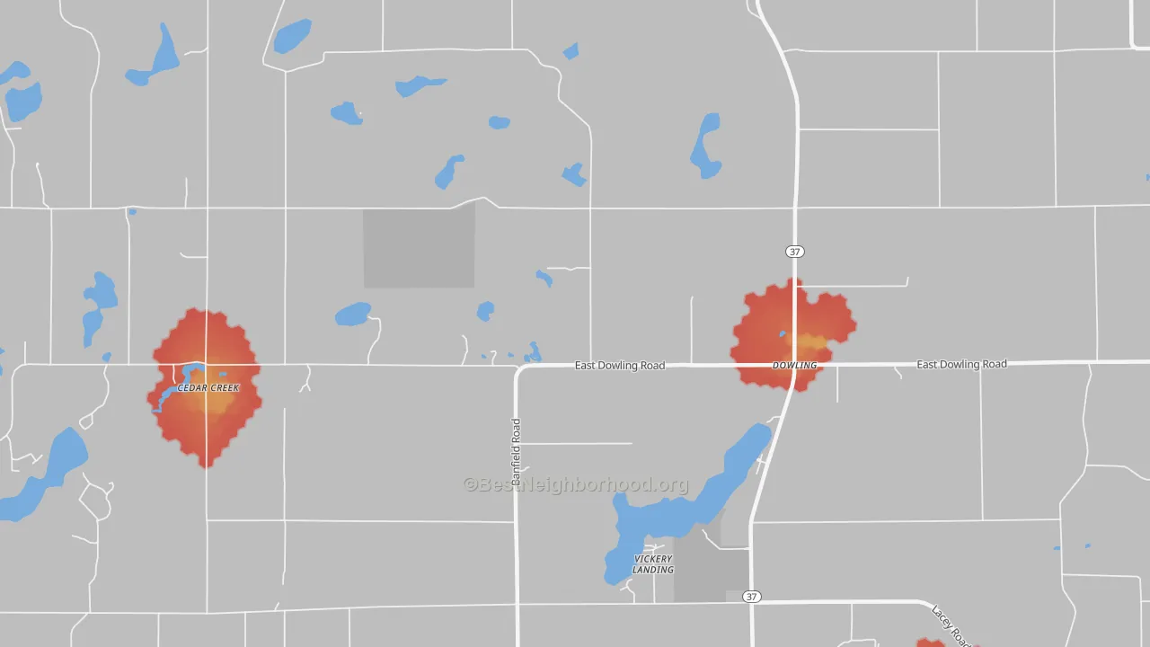 Walk Grade map of Vickery Landing, MI, walkable areas in green and car-dependent areas in red