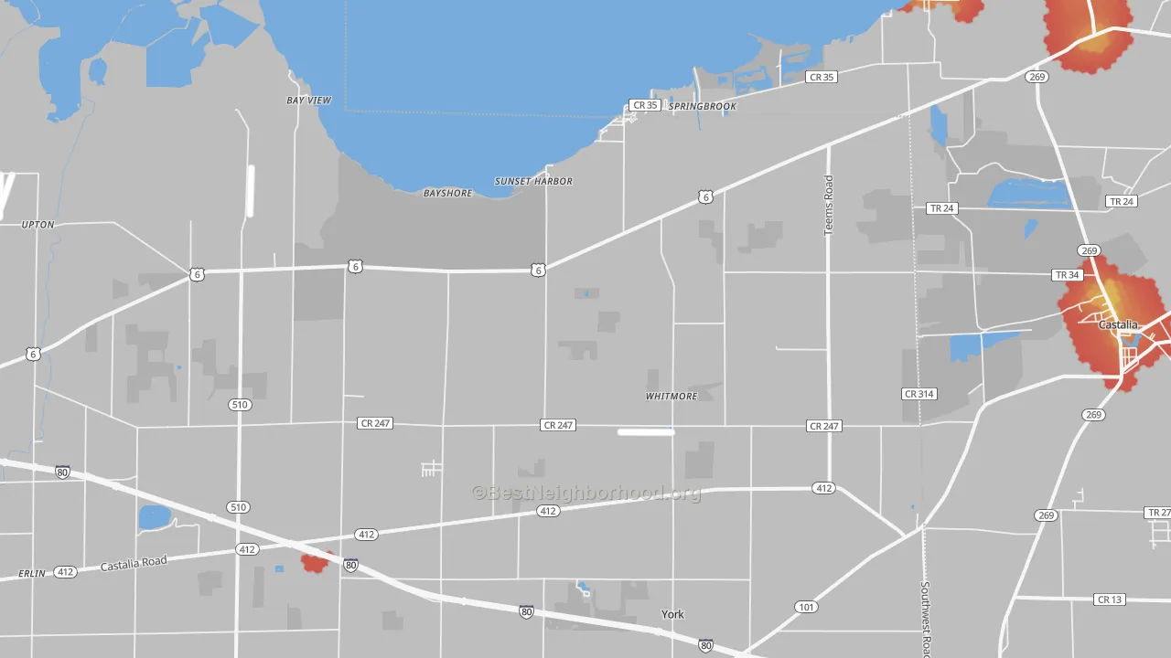 Walk Grade map of Vickery, OH, walkable areas in green and car-dependent areas in red
