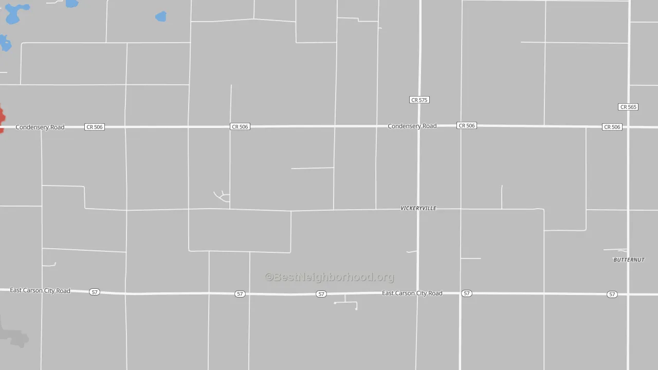 Walk Grade map of Vickeryville, MI, walkable areas in green and car-dependent areas in red