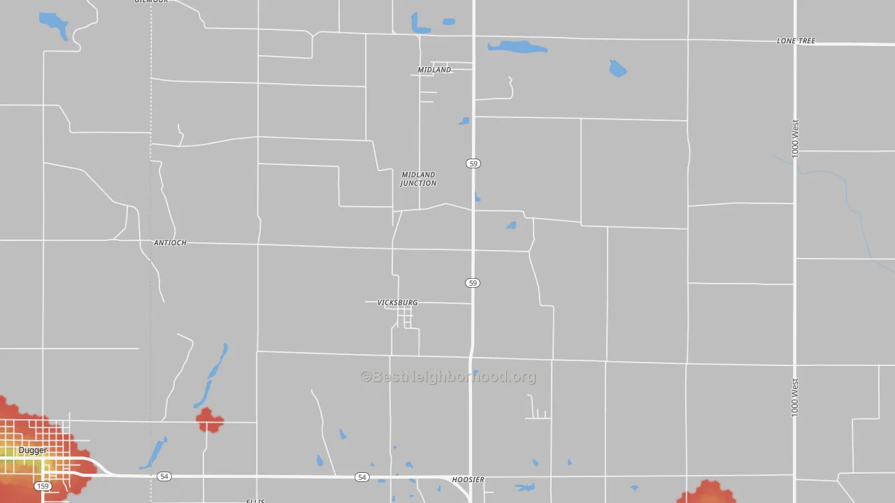 Walk Grade map of Vicksburg, IN, walkable areas in green and car-dependent areas in red