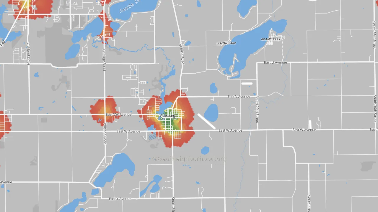 Walk Grade map of Vicksburg, MI, walkable areas in green and car-dependent areas in red