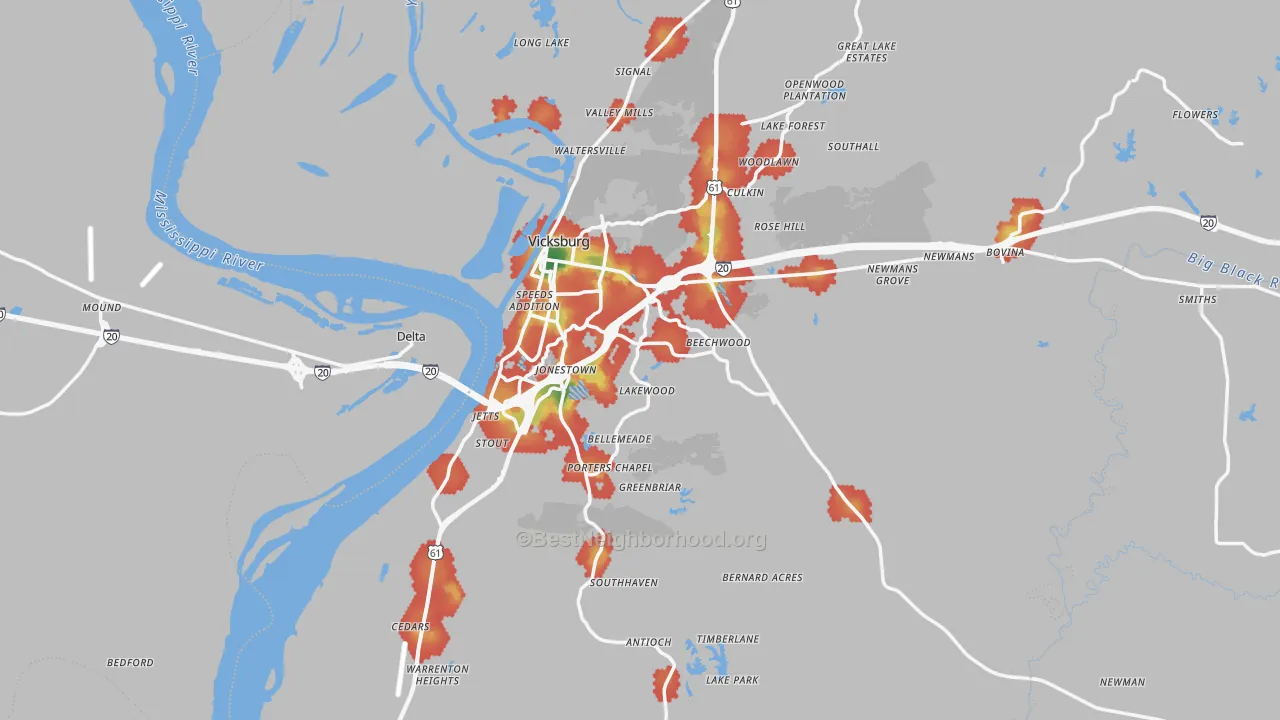Walk Grade map of Vicksburg, MS, walkable areas in green and car-dependent areas in red