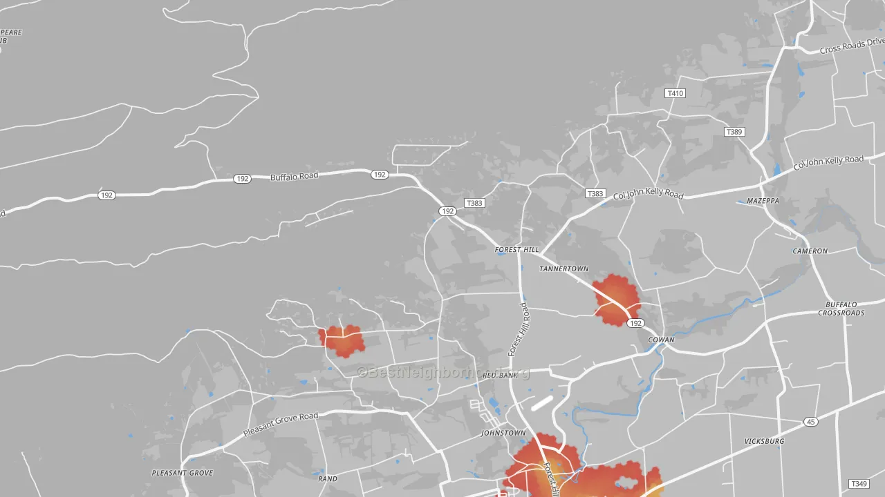 Walk Grade map of Vicksburg, PA, walkable areas in green and car-dependent areas in red