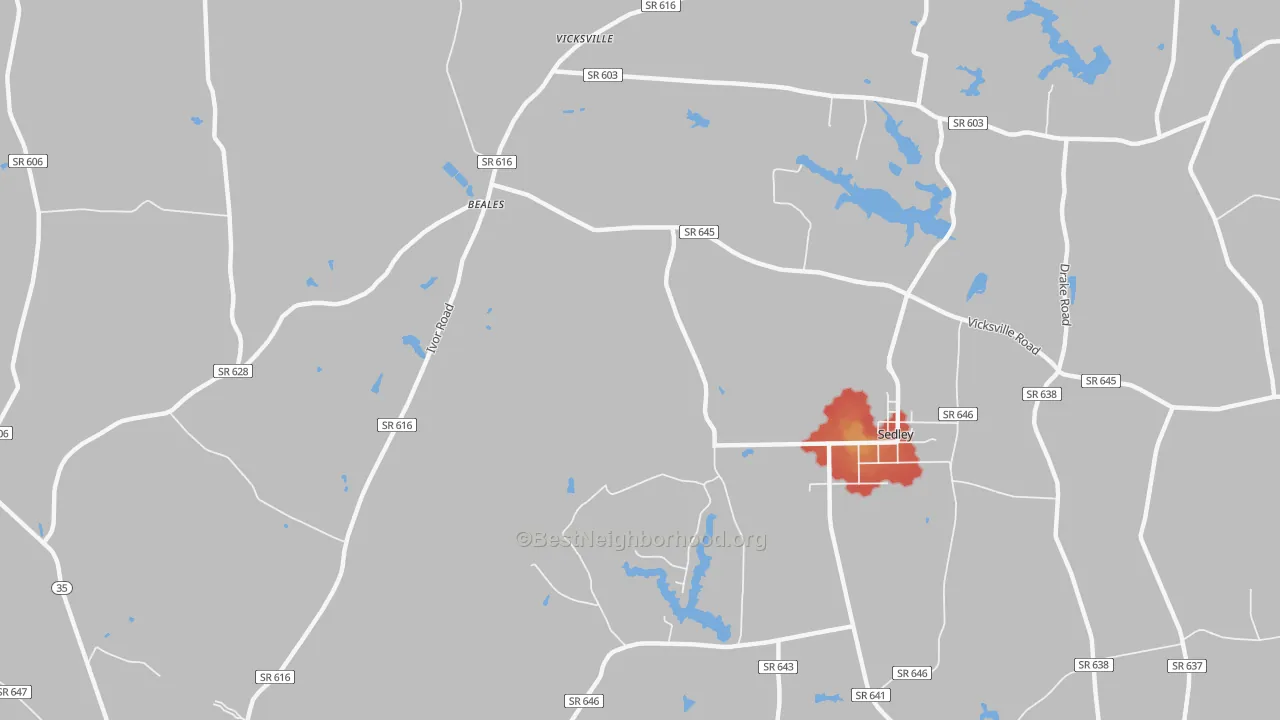 Walk Grade map of Vicksville, VA, walkable areas in green and car-dependent areas in red