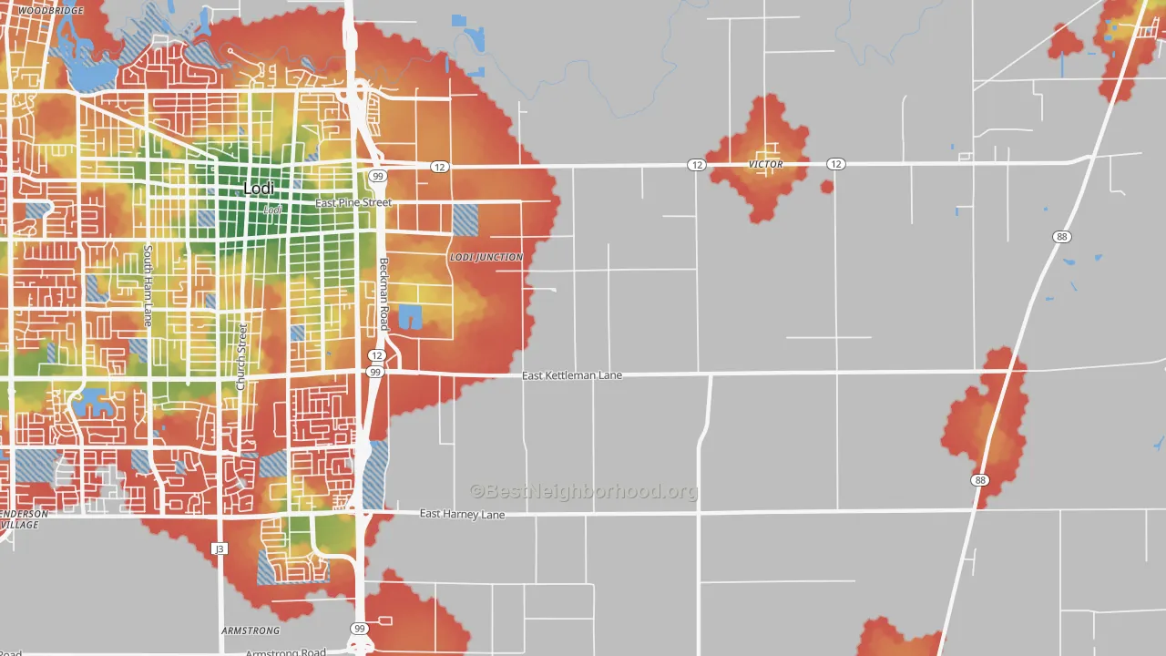 Walk Grade map of Victor, CA, walkable areas in green and car-dependent areas in red