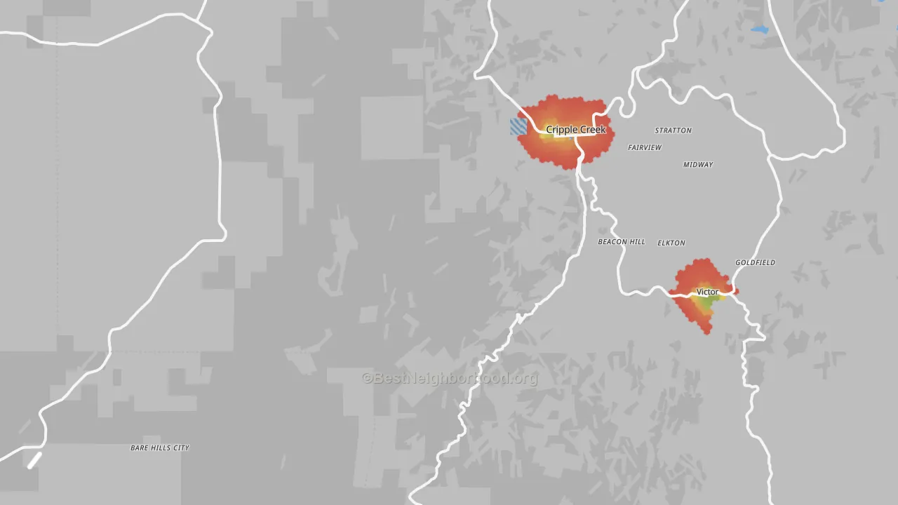 Walk Grade map of Victor, CO, walkable areas in green and car-dependent areas in red