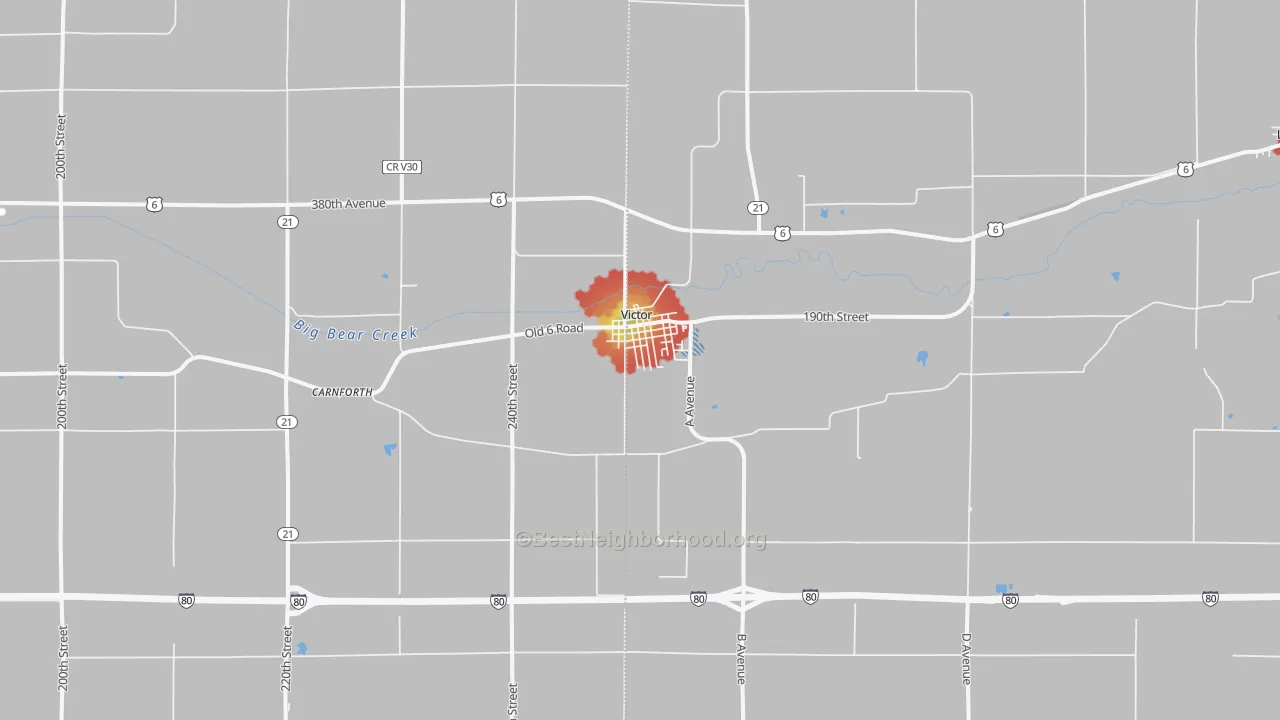 Walk Grade map of Victor, IA, walkable areas in green and car-dependent areas in red