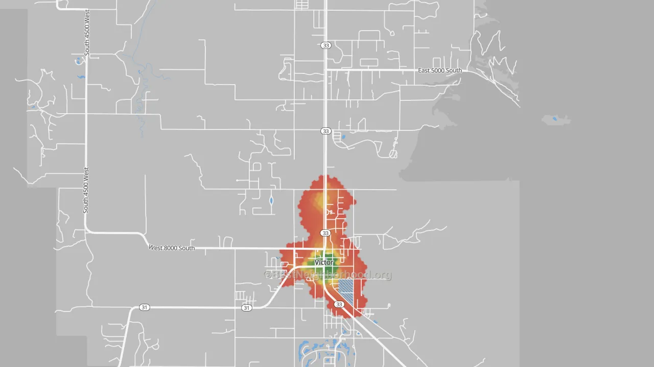 Walk Grade map of Victor, ID, walkable areas in green and car-dependent areas in red