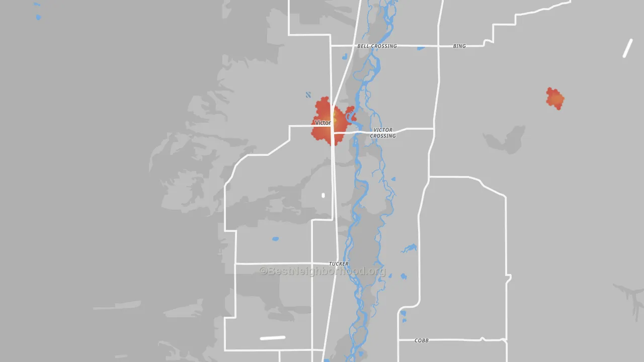 Walk Grade map of Victor, MT, walkable areas in green and car-dependent areas in red