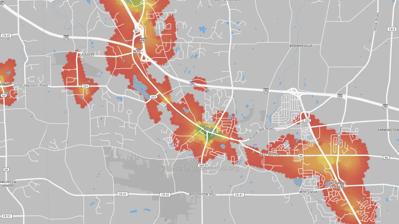 Walk Grade map of Victor, NY, walkable areas in green and car-dependent areas in red