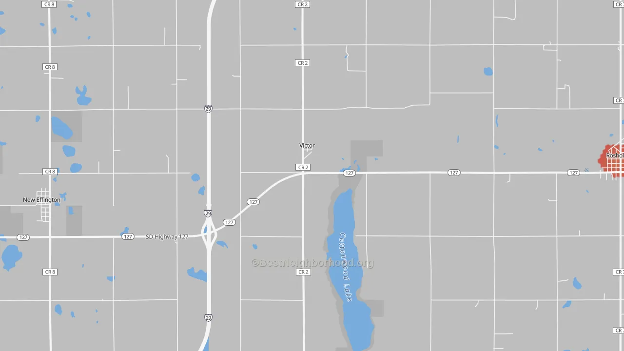 Walk Grade map of Victor, SD, walkable areas in green and car-dependent areas in red