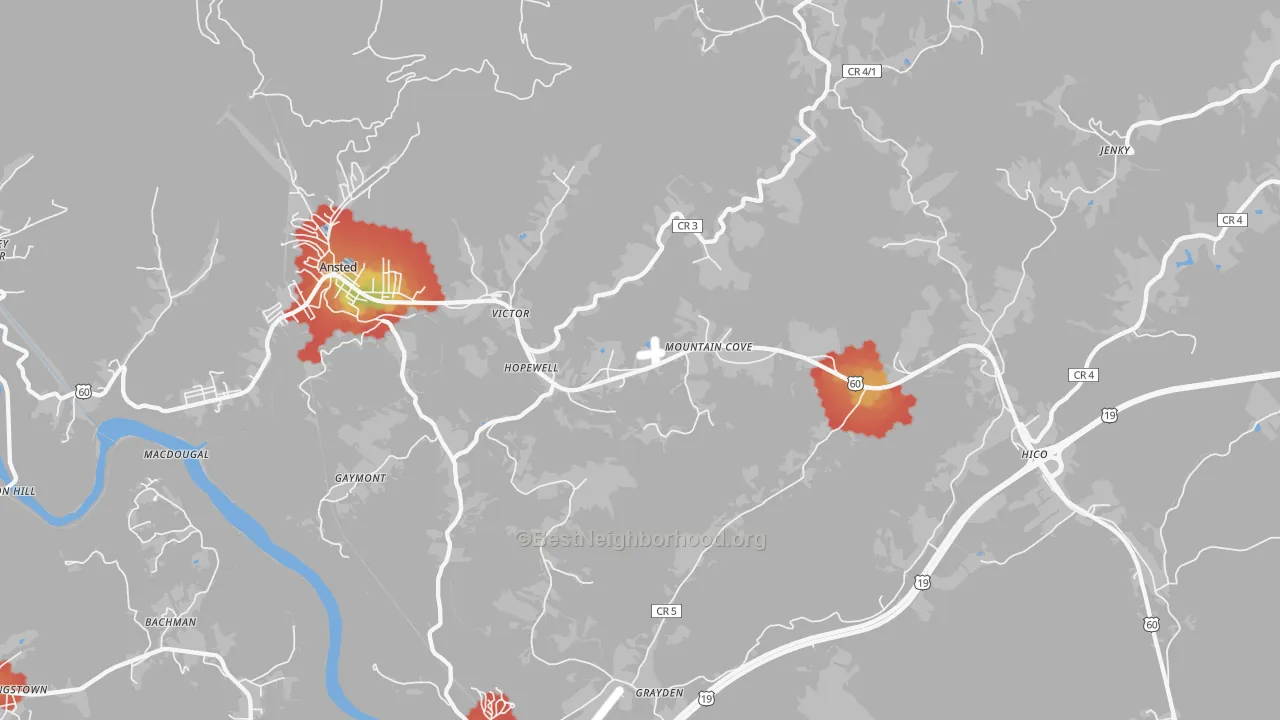 Walk Grade map of Victor, WV, walkable areas in green and car-dependent areas in red