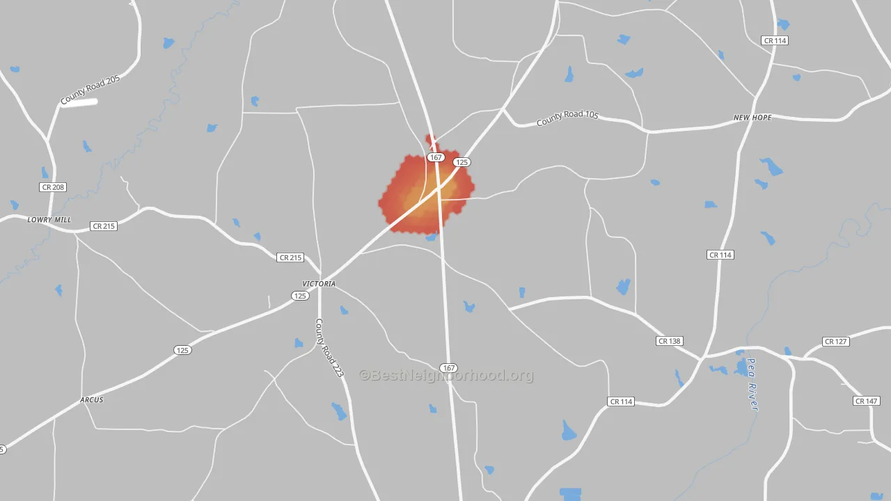 Walk Grade map of Victoria, AL, walkable areas in green and car-dependent areas in red