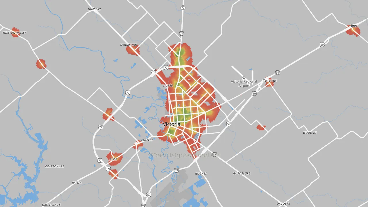 Walk Grade map of Victoria County, TX, walkable areas in green and car-dependent areas in red