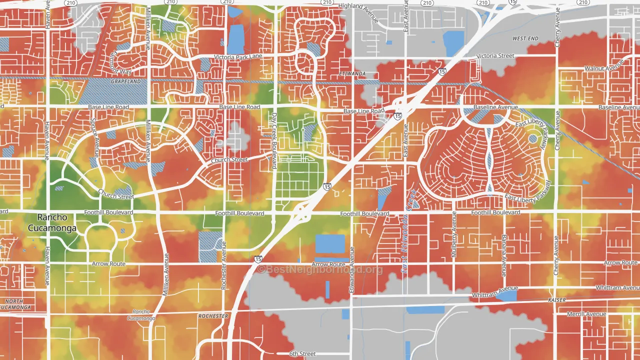 Walk Grade map of Victoria Gardens, Rancho Cucamonga, CA, walkable areas in green and car-dependent areas in red