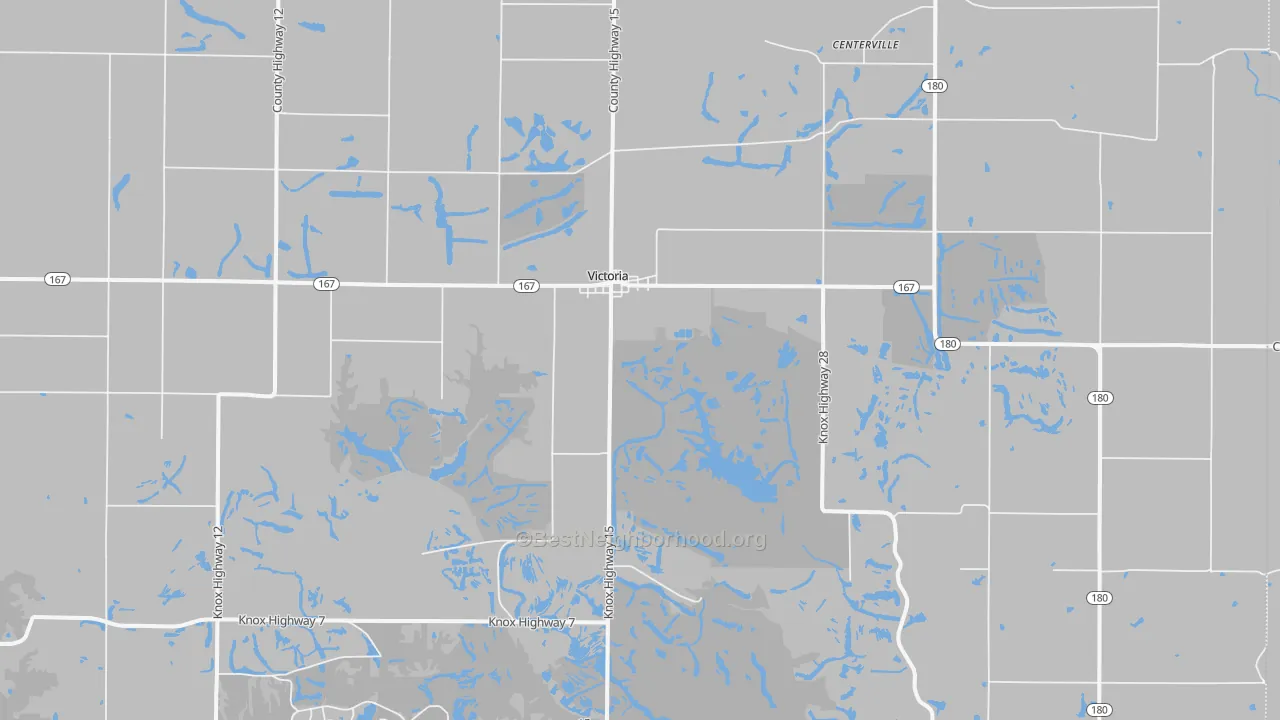 Walk Grade map of Victoria, IL, walkable areas in green and car-dependent areas in red