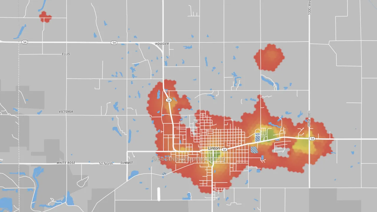 Walk Grade map of Victoria, IN, walkable areas in green and car-dependent areas in red