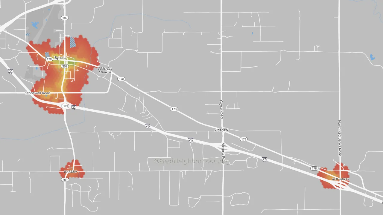 Walk Grade map of Victoria, MS, walkable areas in green and car-dependent areas in red