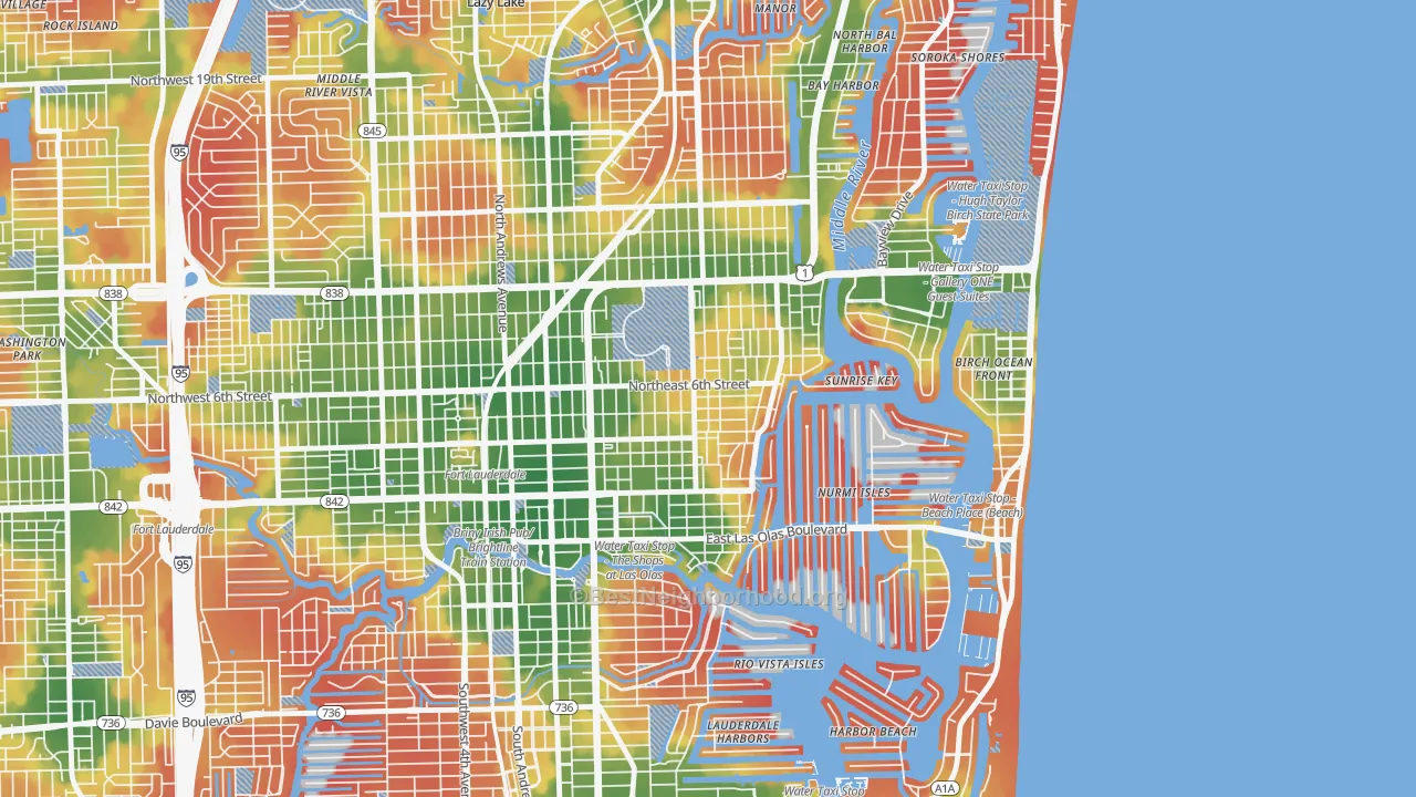 Walk Grade map of Victoria Park, Fort Lauderdale, FL, walkable areas in green and car-dependent areas in red
