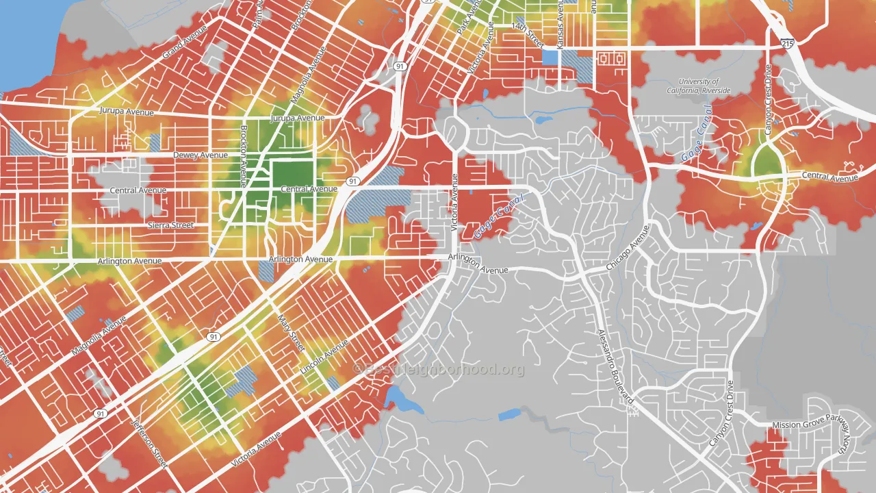 Walk Grade map of Victoria, Riverside, CA, walkable areas in green and car-dependent areas in red