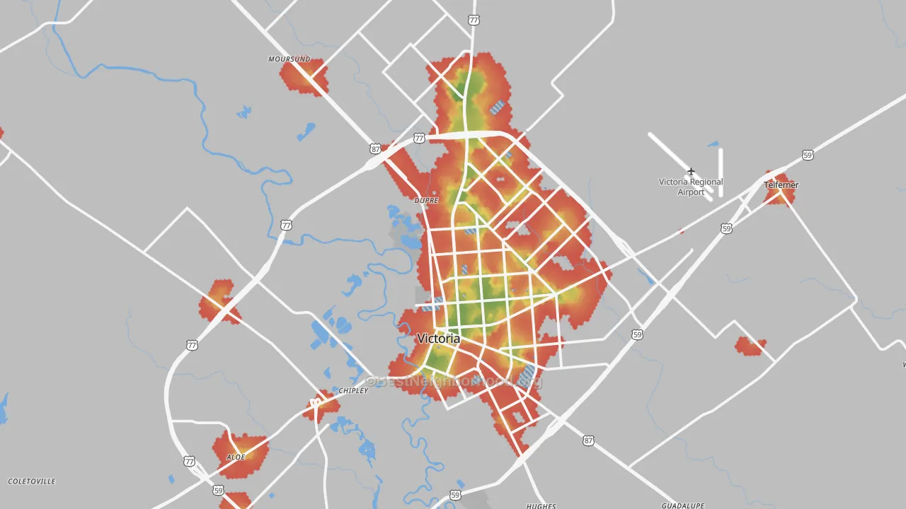 Walk Grade map of Victoria, TX, walkable areas in green and car-dependent areas in red