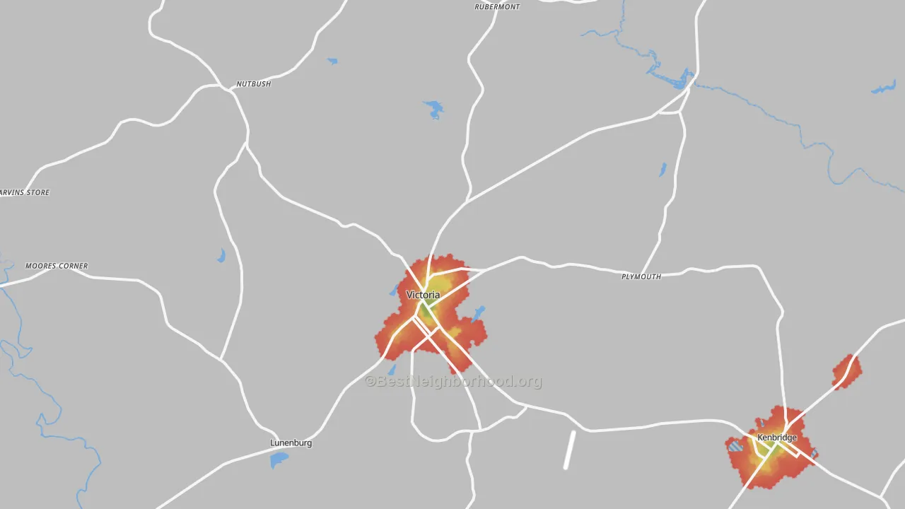 Walk Grade map of Victoria, VA, walkable areas in green and car-dependent areas in red