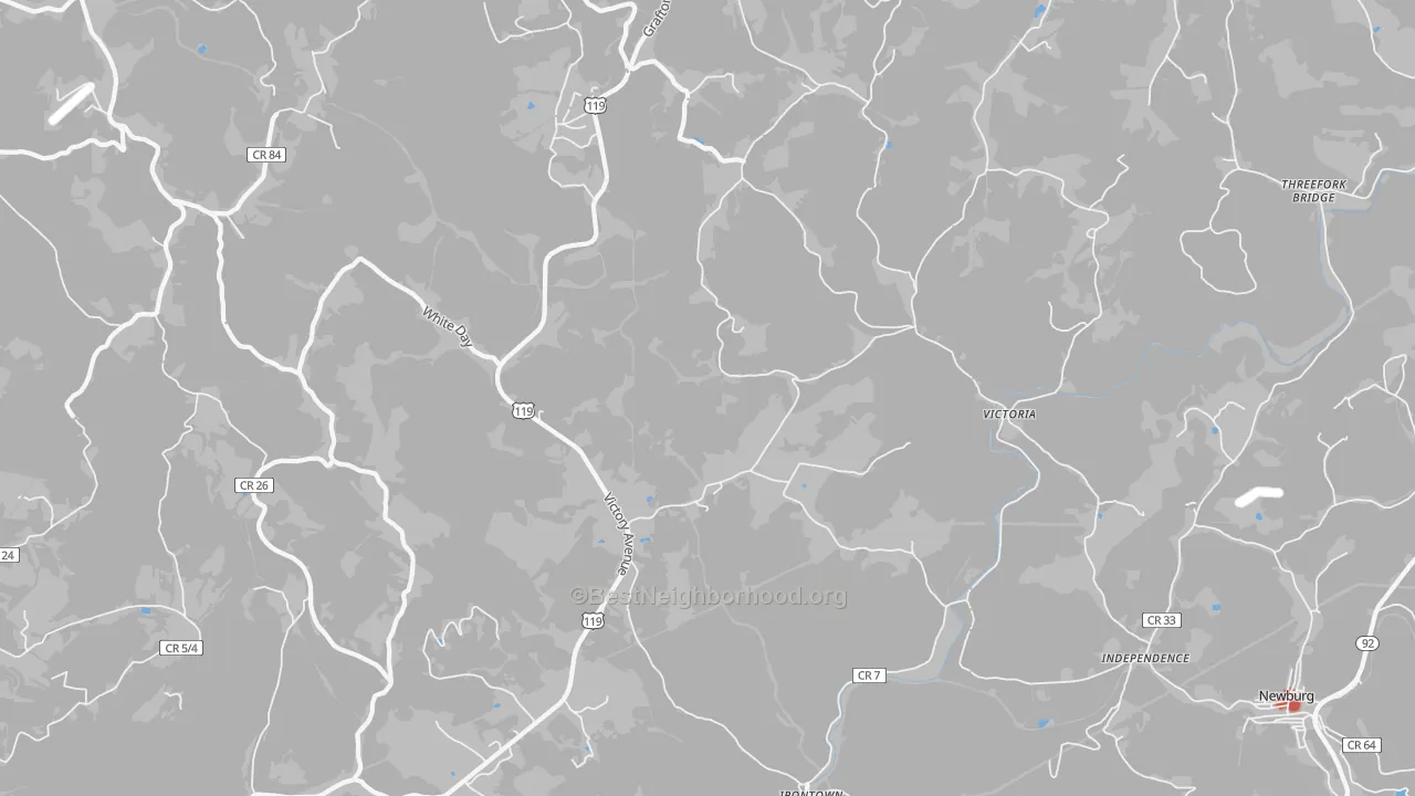Walk Grade map of Victoria, WV, walkable areas in green and car-dependent areas in red