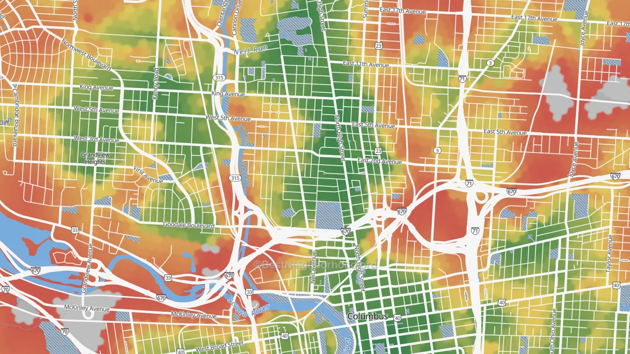 Walk Grade map of Victorian Village, Columbus, OH, walkable areas in green and car-dependent areas in red