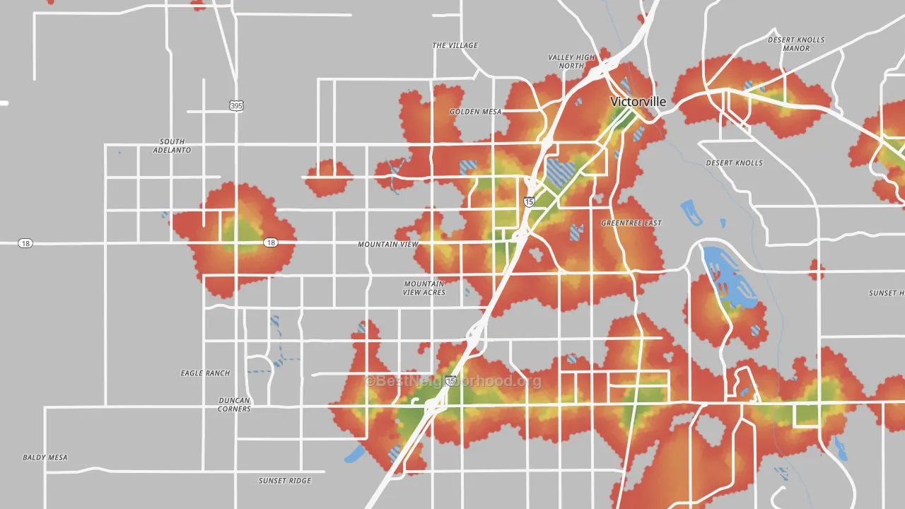 Walk Grade map of Victorville, CA, walkable areas in green and car-dependent areas in red