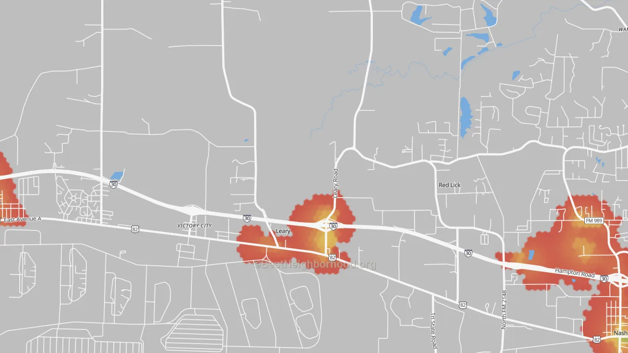 Walk Grade map of Victory City, TX, walkable areas in green and car-dependent areas in red